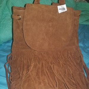 Brown fringe backpack purse